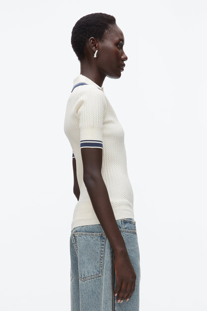 Textured Rib Fitted Polo Ecru-Navy