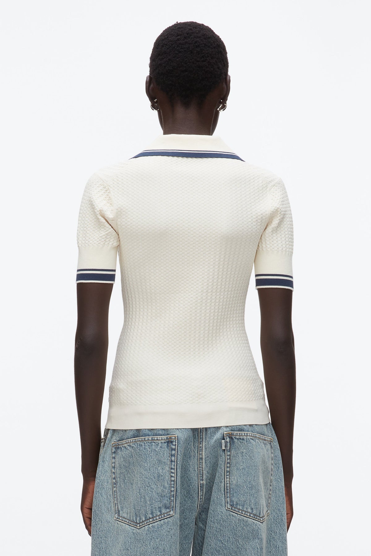 Textured Rib Fitted Polo Ecru-Navy