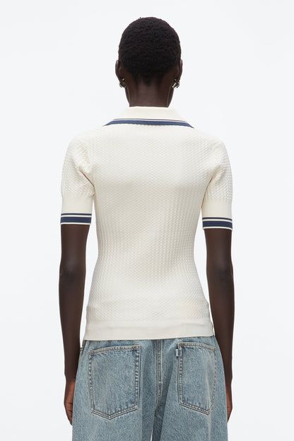 Textured Rib Fitted Polo Ecru-Navy