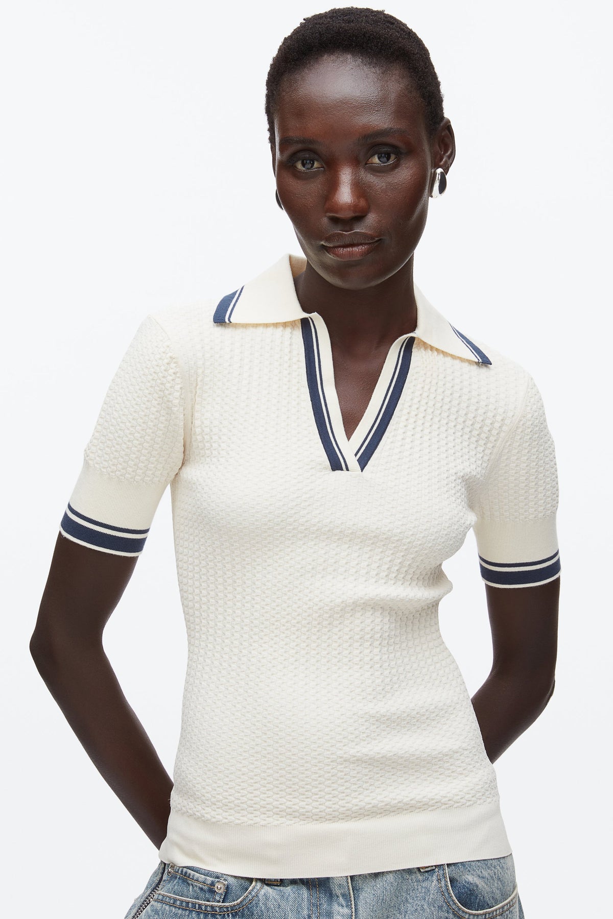 Textured Rib Fitted Polo Ecru-Navy