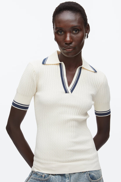 Textured Rib Fitted Polo Ecru-Navy