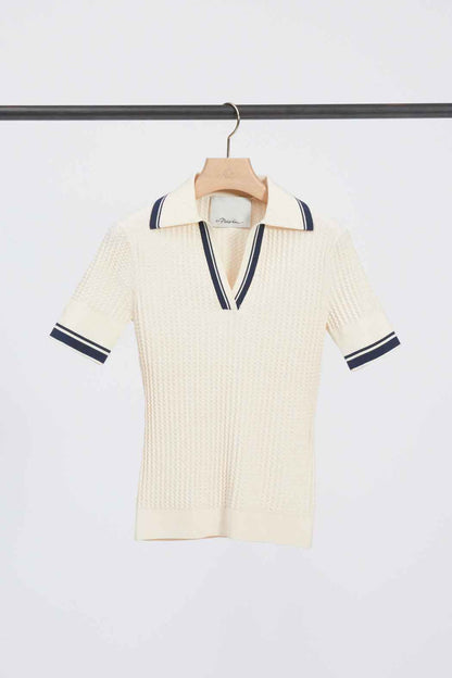 Textured Rib Fitted Polo Ecru-Navy