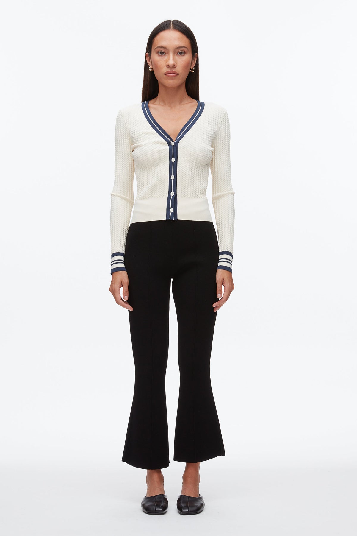 Textured Rib Cardigan Ecru-Navy