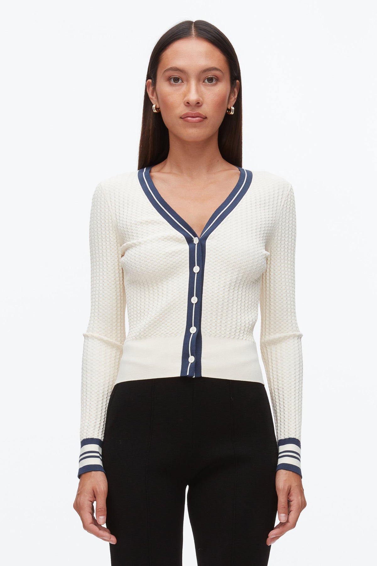 Textured Rib Cardigan Ecru-Navy