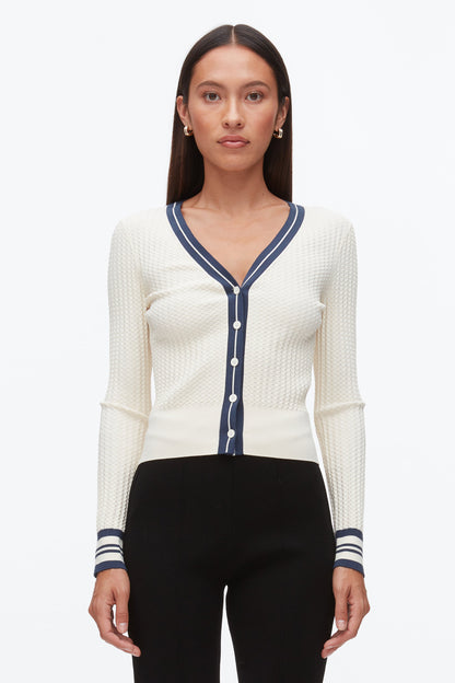 Textured Rib Cardigan Ecru-Navy