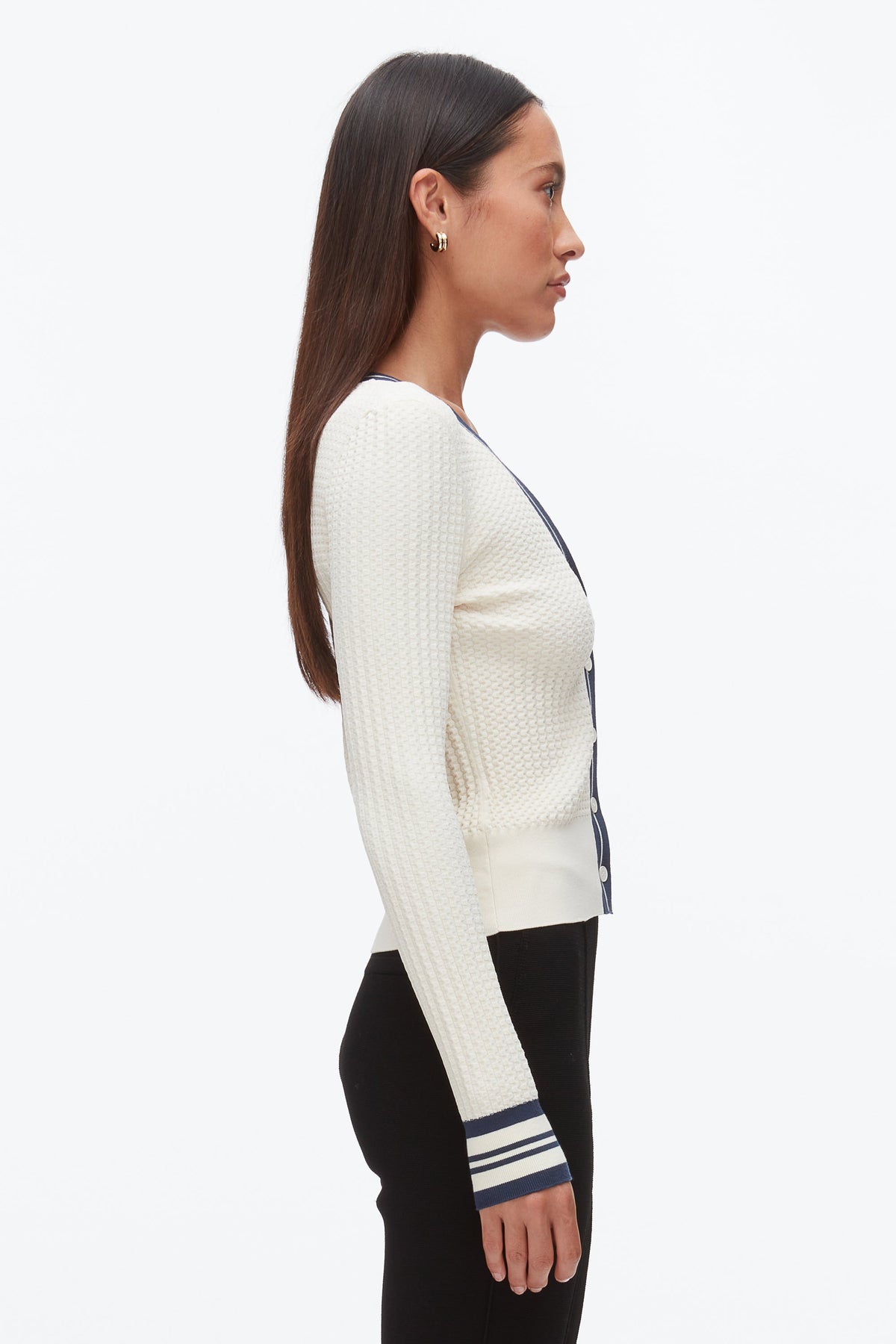 Textured Rib Cardigan Ecru-Navy