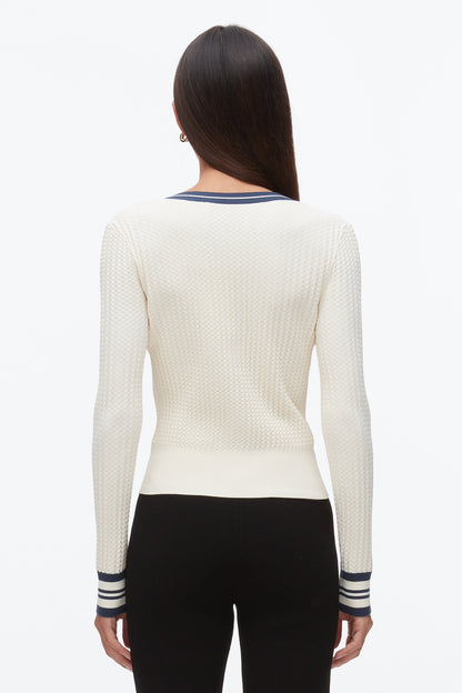 Textured Rib Cardigan Ecru-Navy