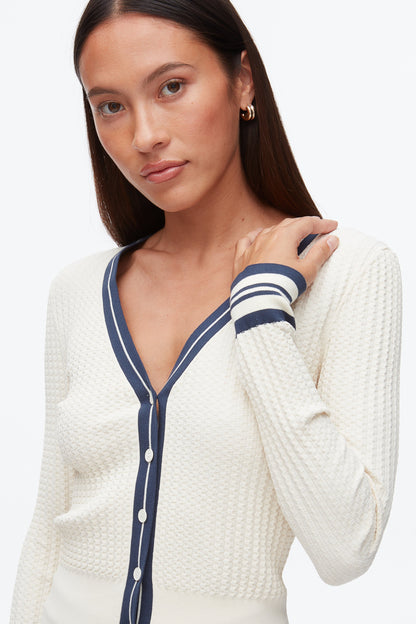 Textured Rib Cardigan Ecru-Navy
