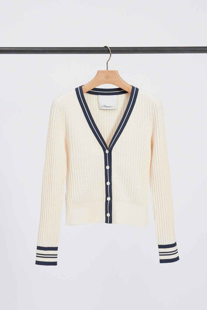 Textured Rib Cardigan Ecru-Navy