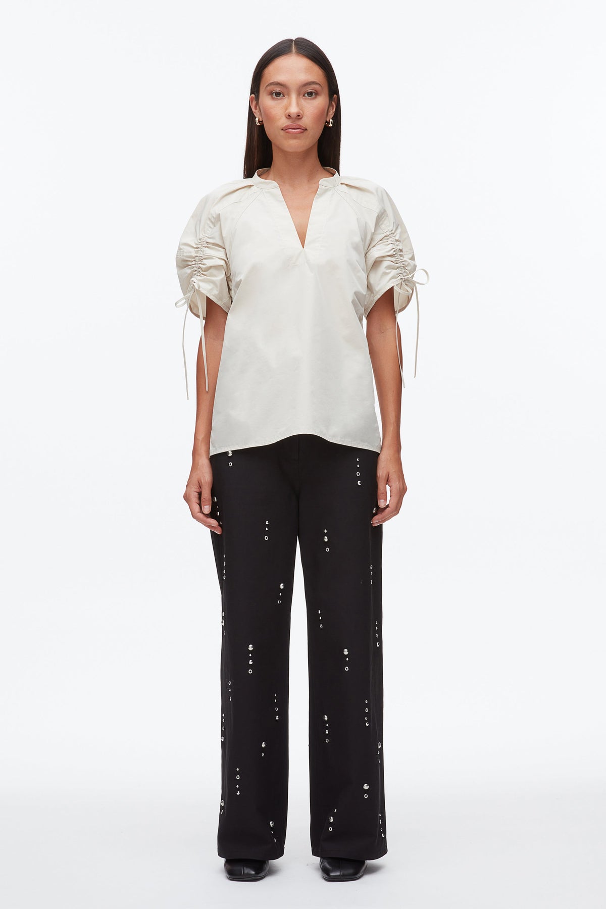 Ruched Sleeve V-Neck Top Stone