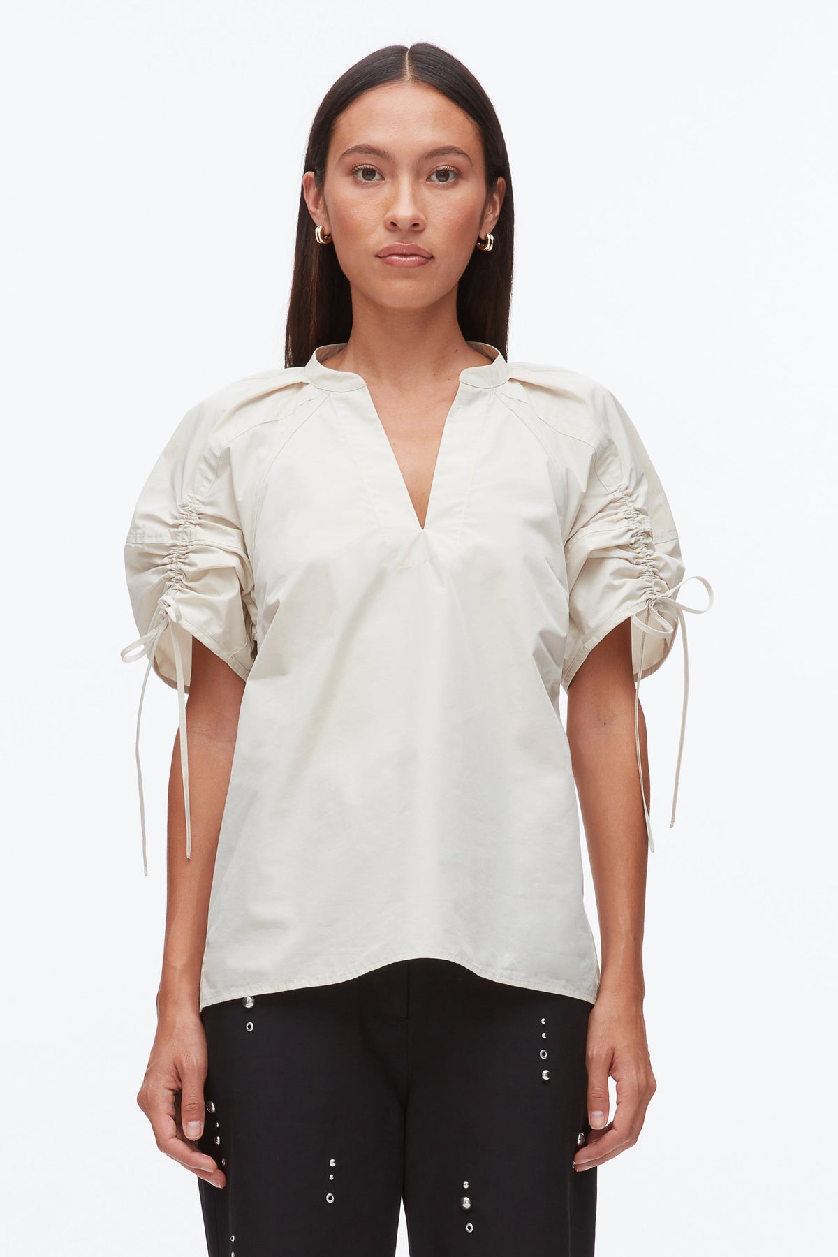 Ruched Sleeve V-Neck Top Stone