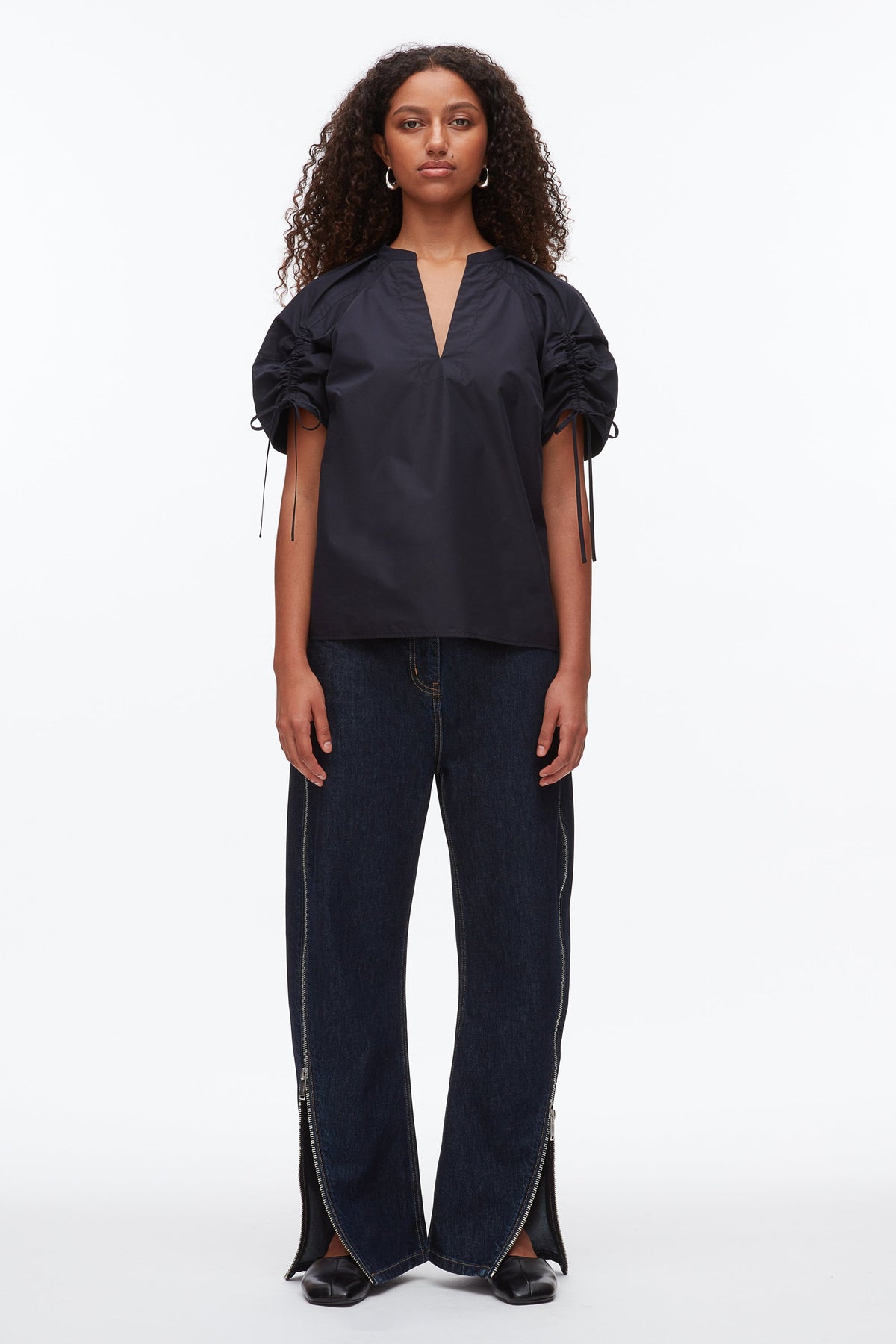 Ruched Sleeve V-Neck Top Midnight