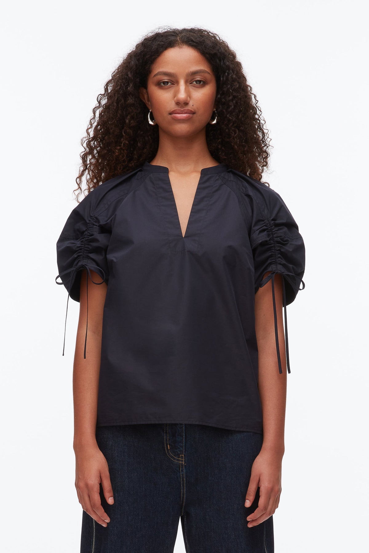 Ruched Sleeve V-Neck Top Midnight