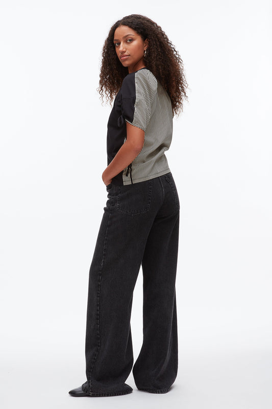 Ruched T-Shirt with Poplin Back Black-Black Multi