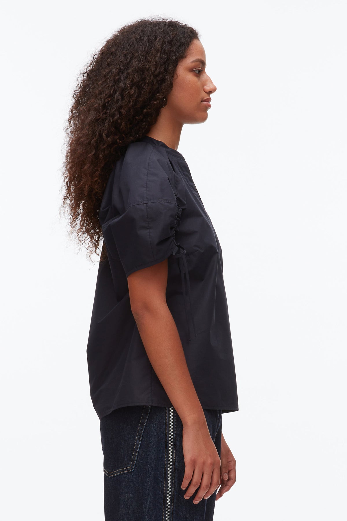 Ruched Sleeve V-Neck Top Oxford Blue