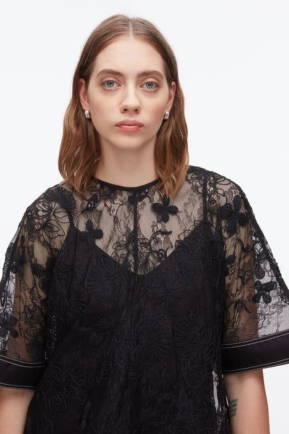 Dimensional Lace Flounce Top Black