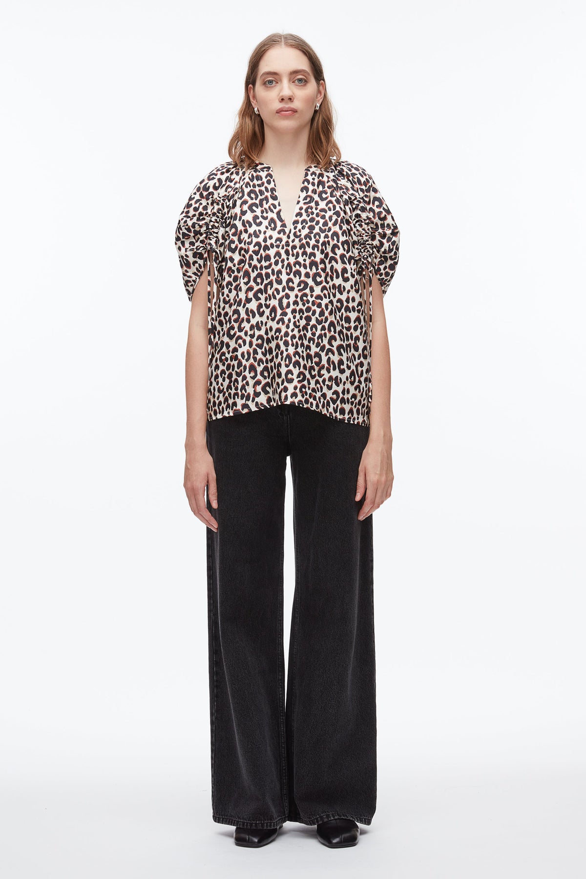 Leopard Ruched Sleeve Top Chalk Multi