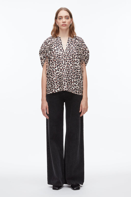 Leopard Ruched Sleeve Top Chalk Multi
