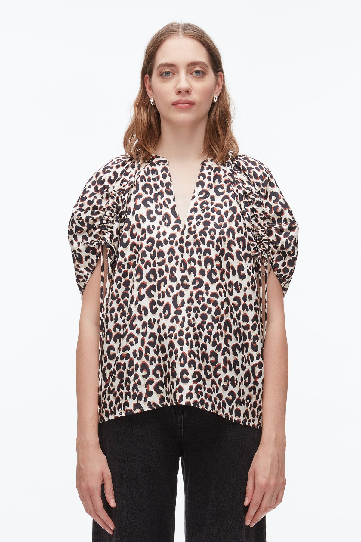 Leopard Ruched Sleeve Top Chalk Multi