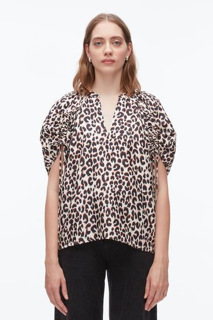 Leopard Ruched Sleeve Top Chalk Multi