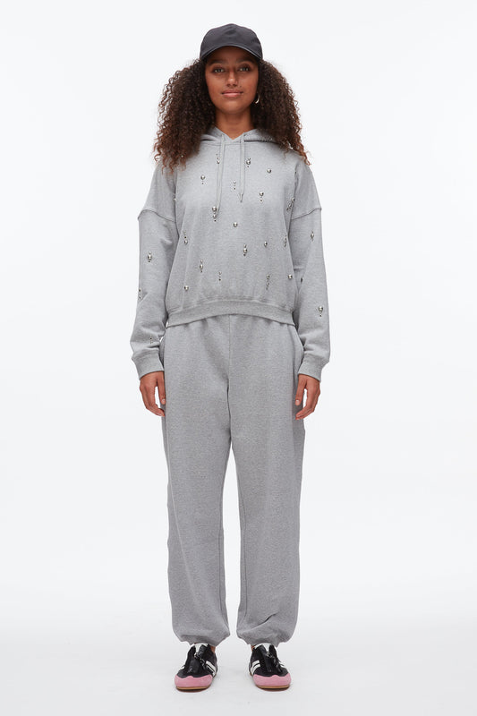 Stud Embellished Oversized Hoodie Grey Melange