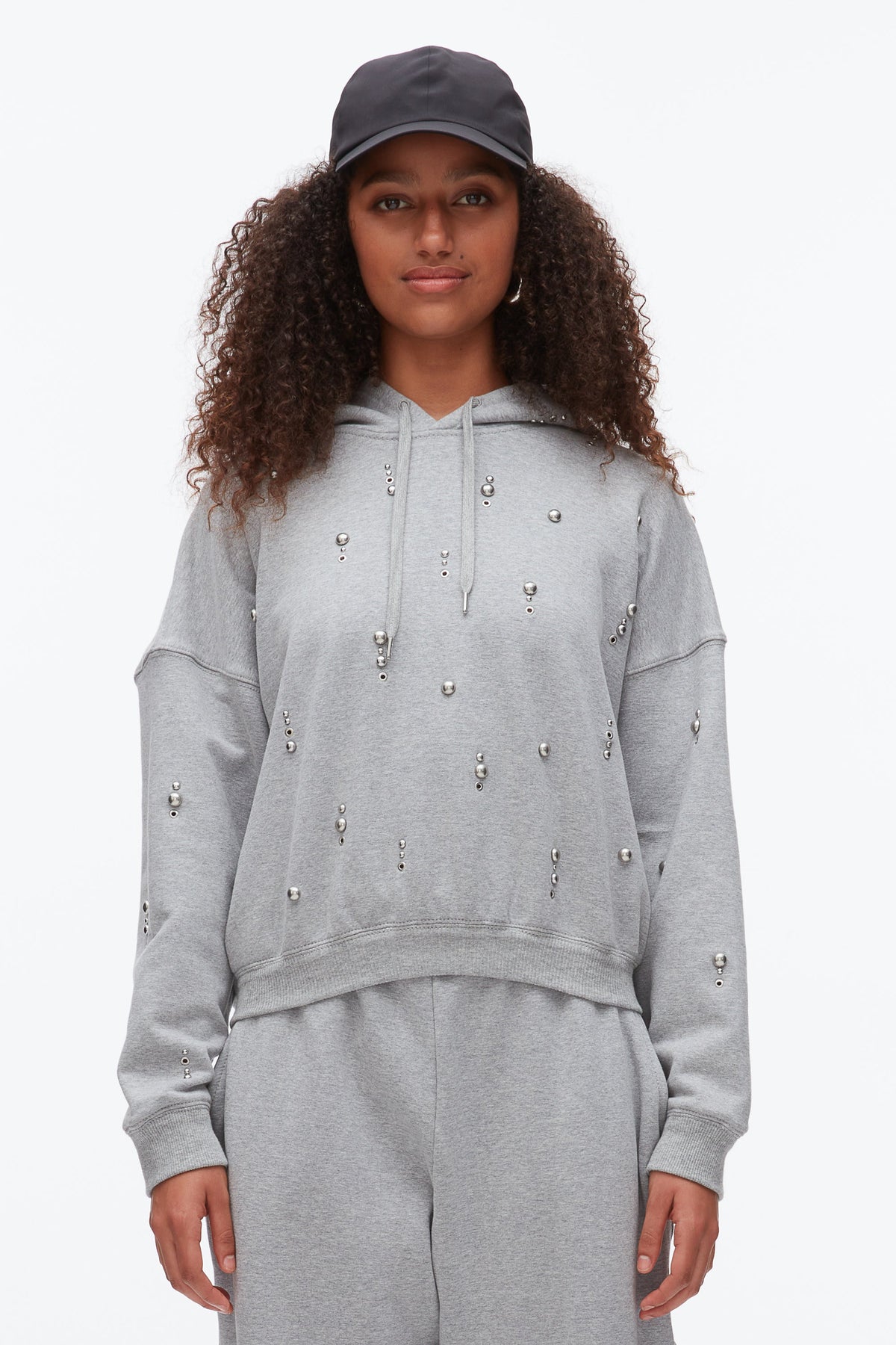 Stud Embellished Oversized Hoodie Grey Melange