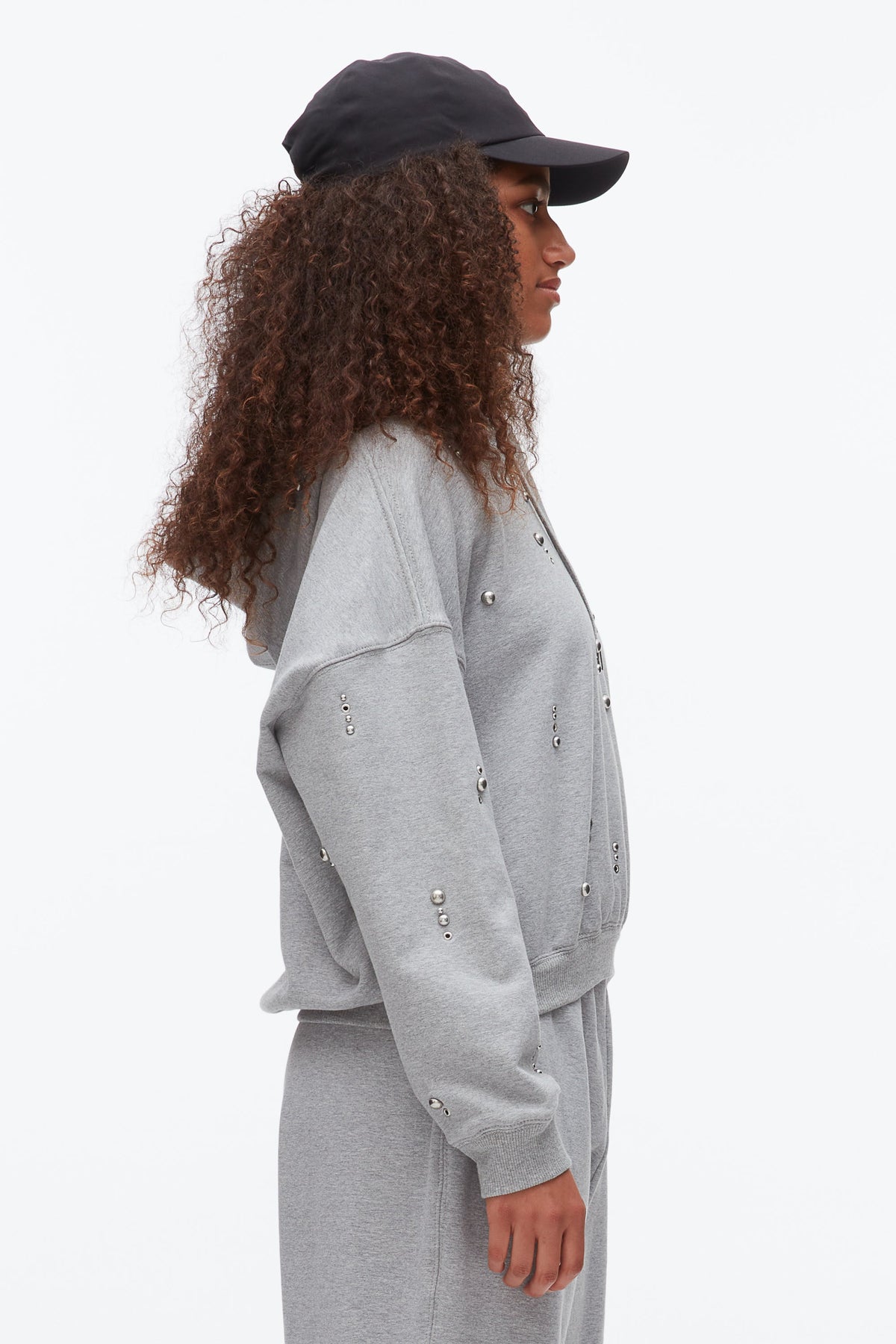 Stud Embellished Oversized Hoodie Grey Melange