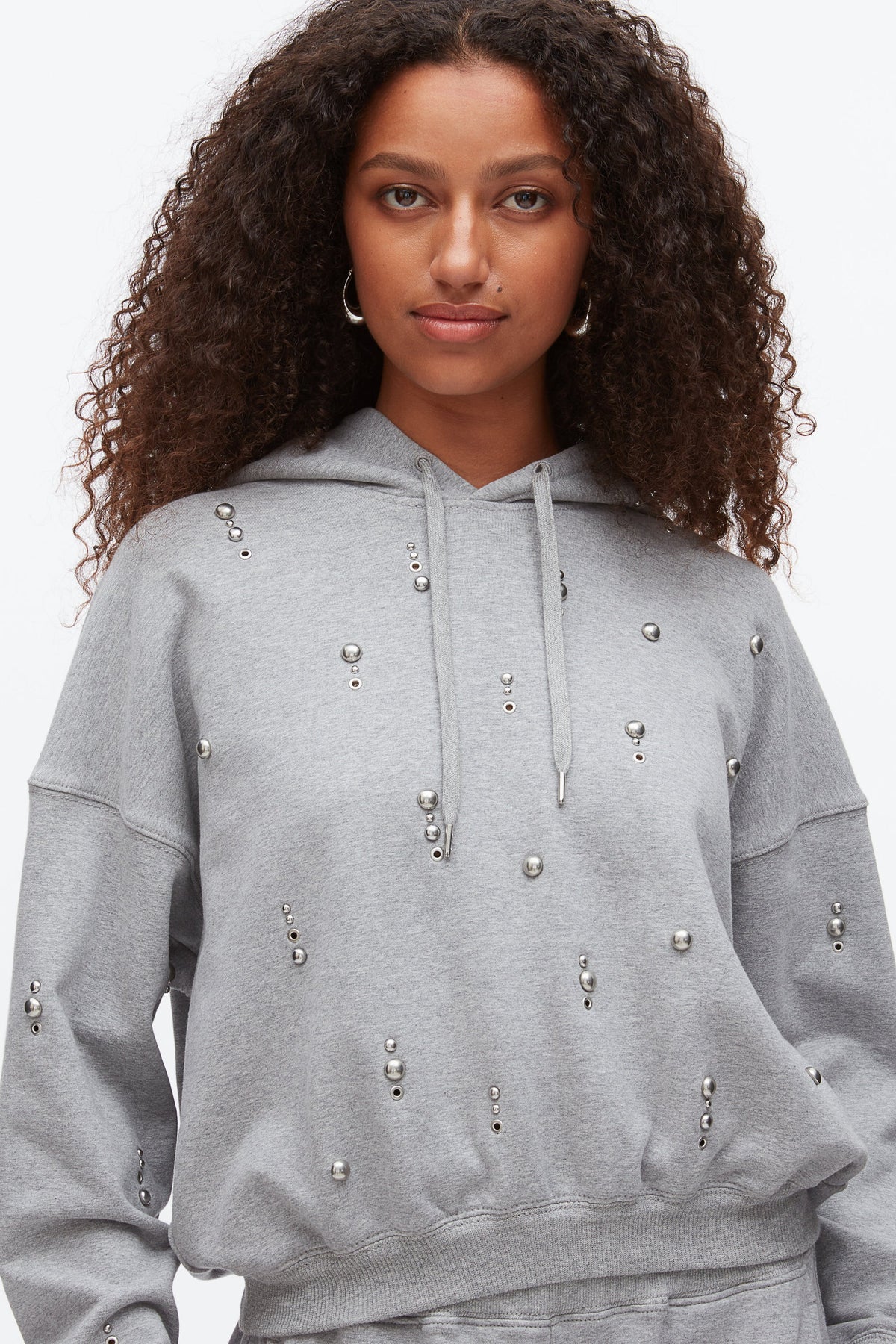 Stud Embellished Oversized Hoodie Grey Melange