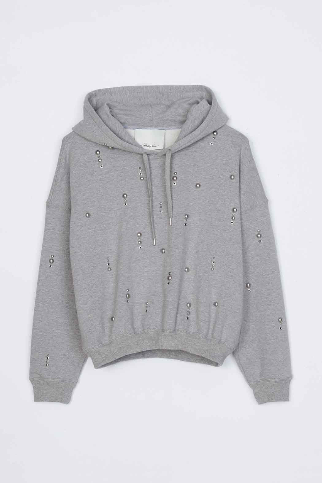 Stud Embellished Oversized Hoodie Grey Melange
