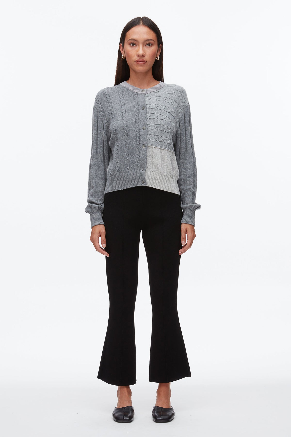 Mix Cable Crew Neck Cardigan Dark Grey Melange Multi