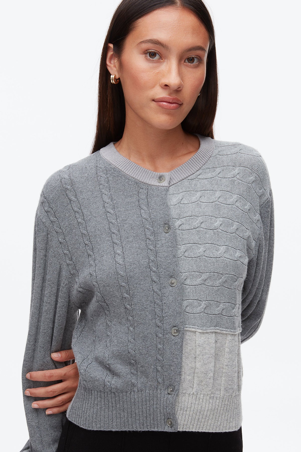 Mix Cable Crew Neck Cardigan Dark Grey Melange Multi