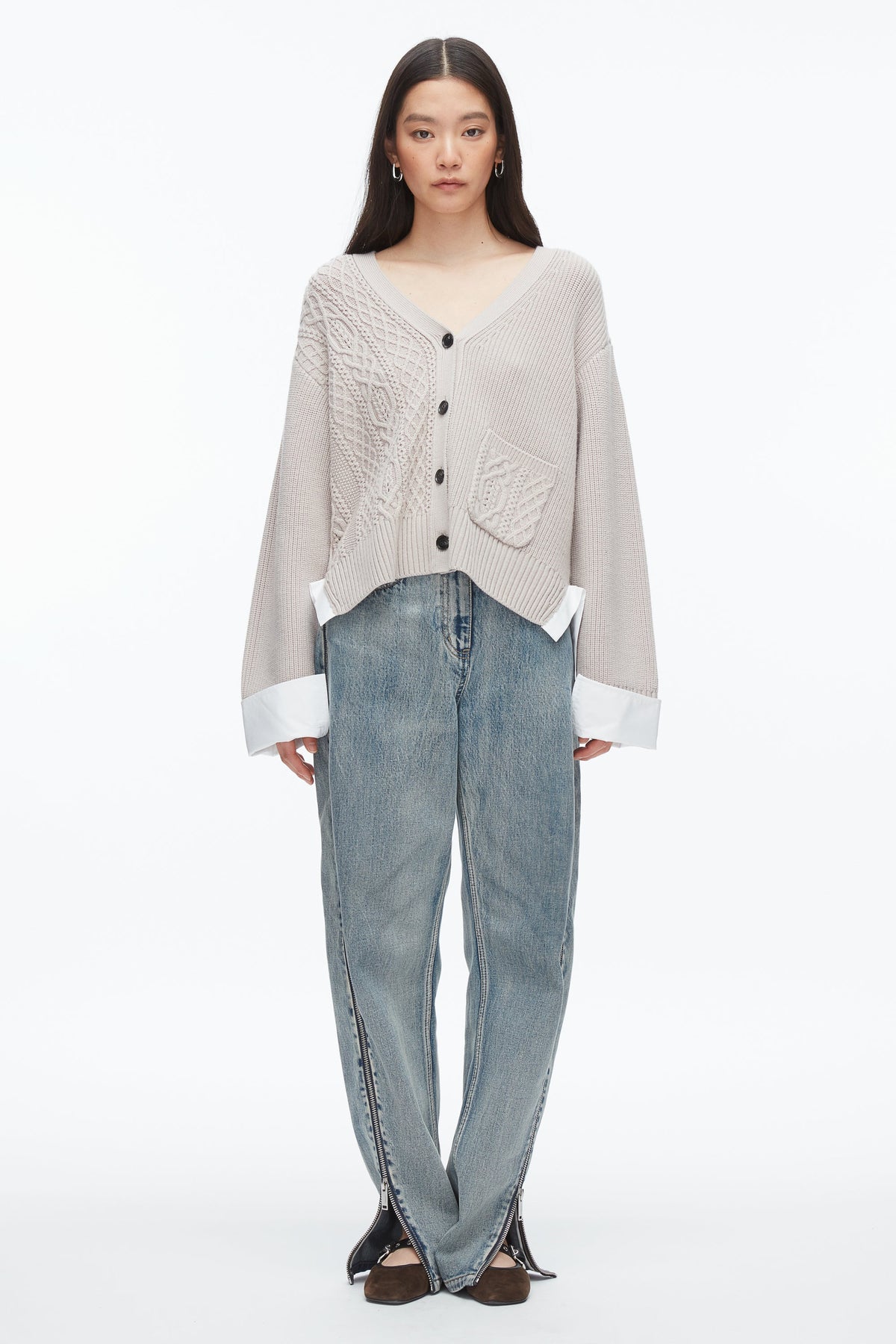 Cable Mix Boyfriend Cardigan Oyster