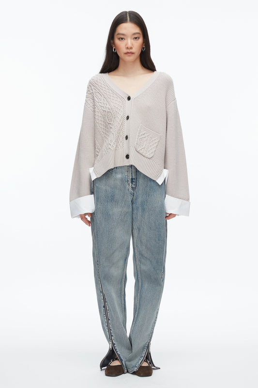 Cable Mix Boyfriend Cardigan Oyster