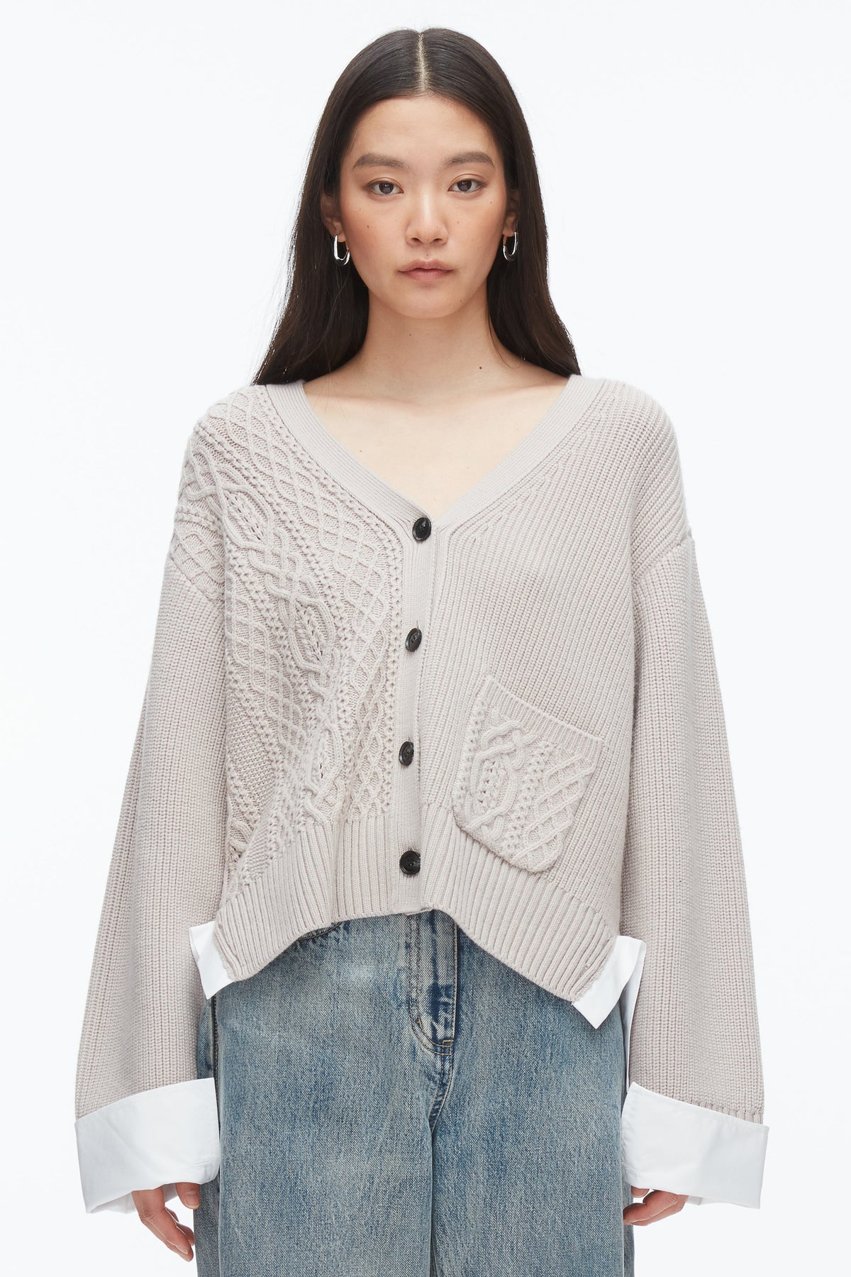 Cable Mix Boyfriend Cardigan Oyster