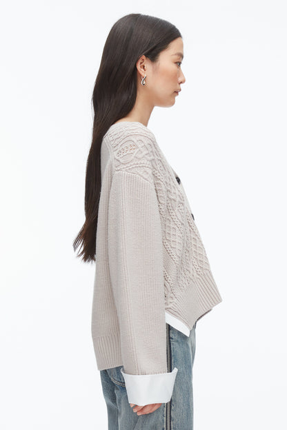 Cable Mix Boyfriend Cardigan Oyster