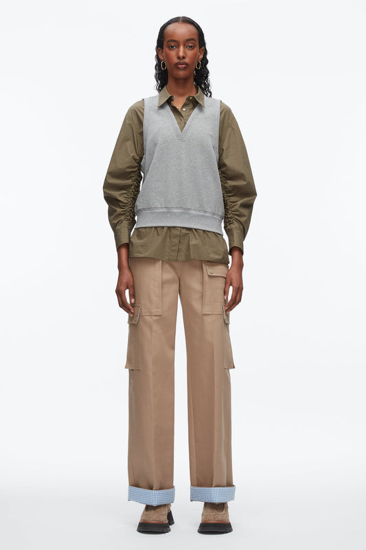 Layered Vest Ruched Sleeve Shirt Grey Melange-Army