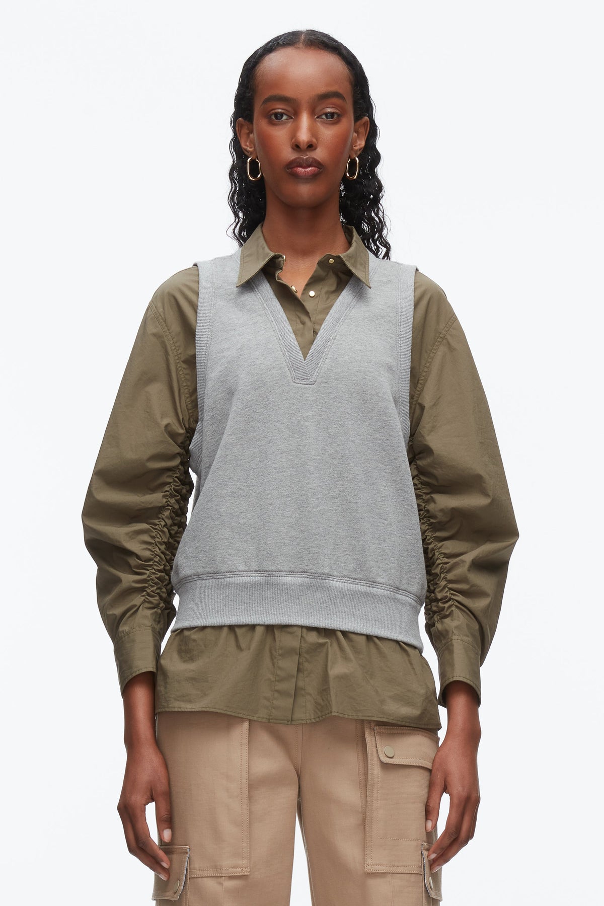 Layered Vest Ruched Sleeve Shirt Grey Melange-Army