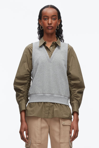 Layered Vest Ruched Sleeve Shirt Grey Melange-Army