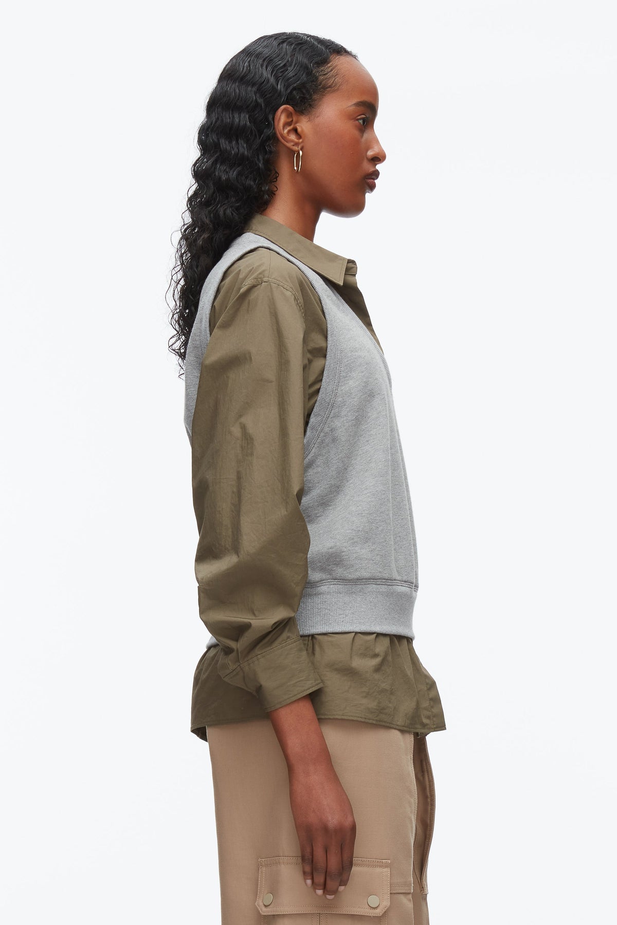 Layered Vest Ruched Sleeve Shirt Grey Melange-Army