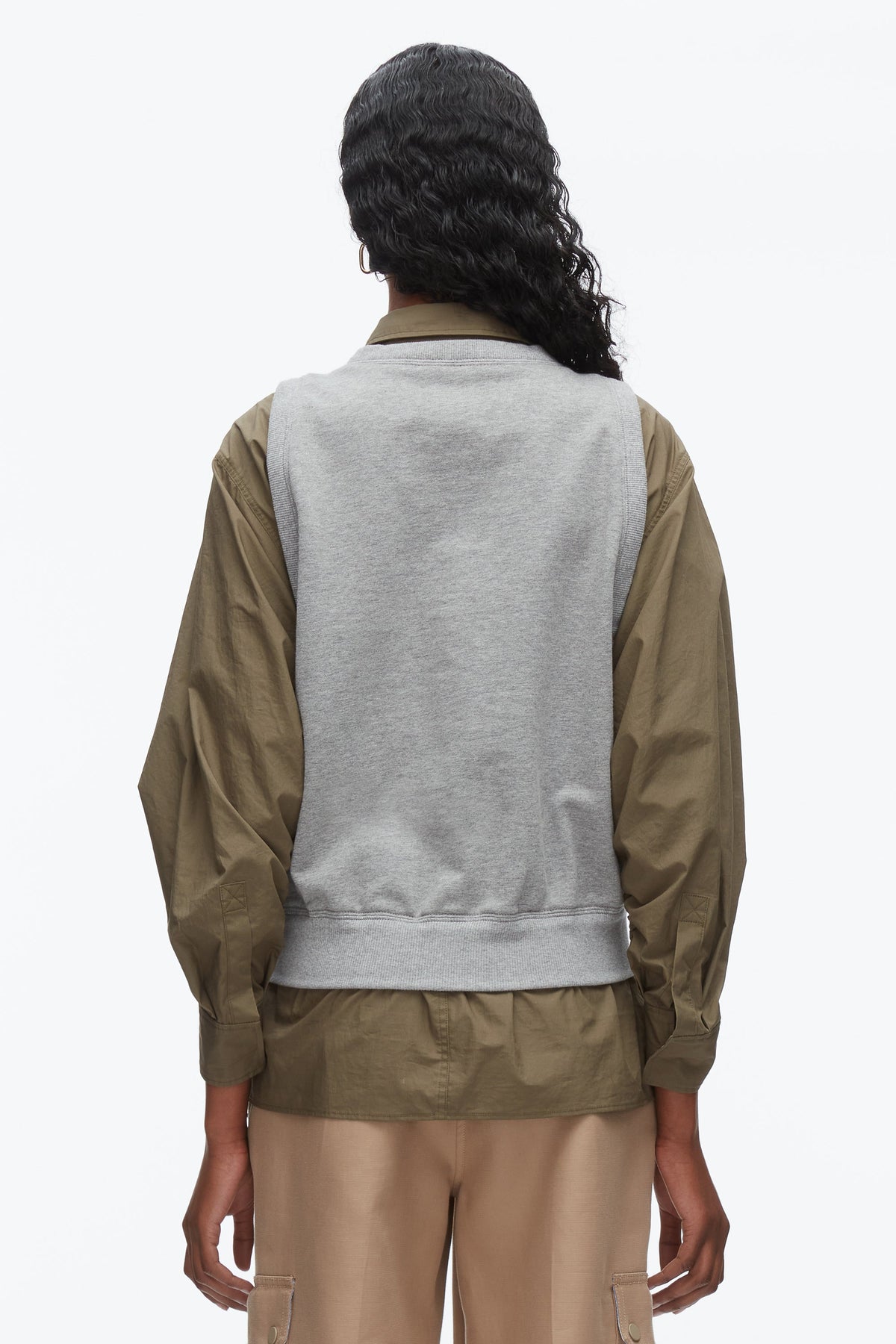 Layered Vest Ruched Sleeve Shirt Grey Melange-Army