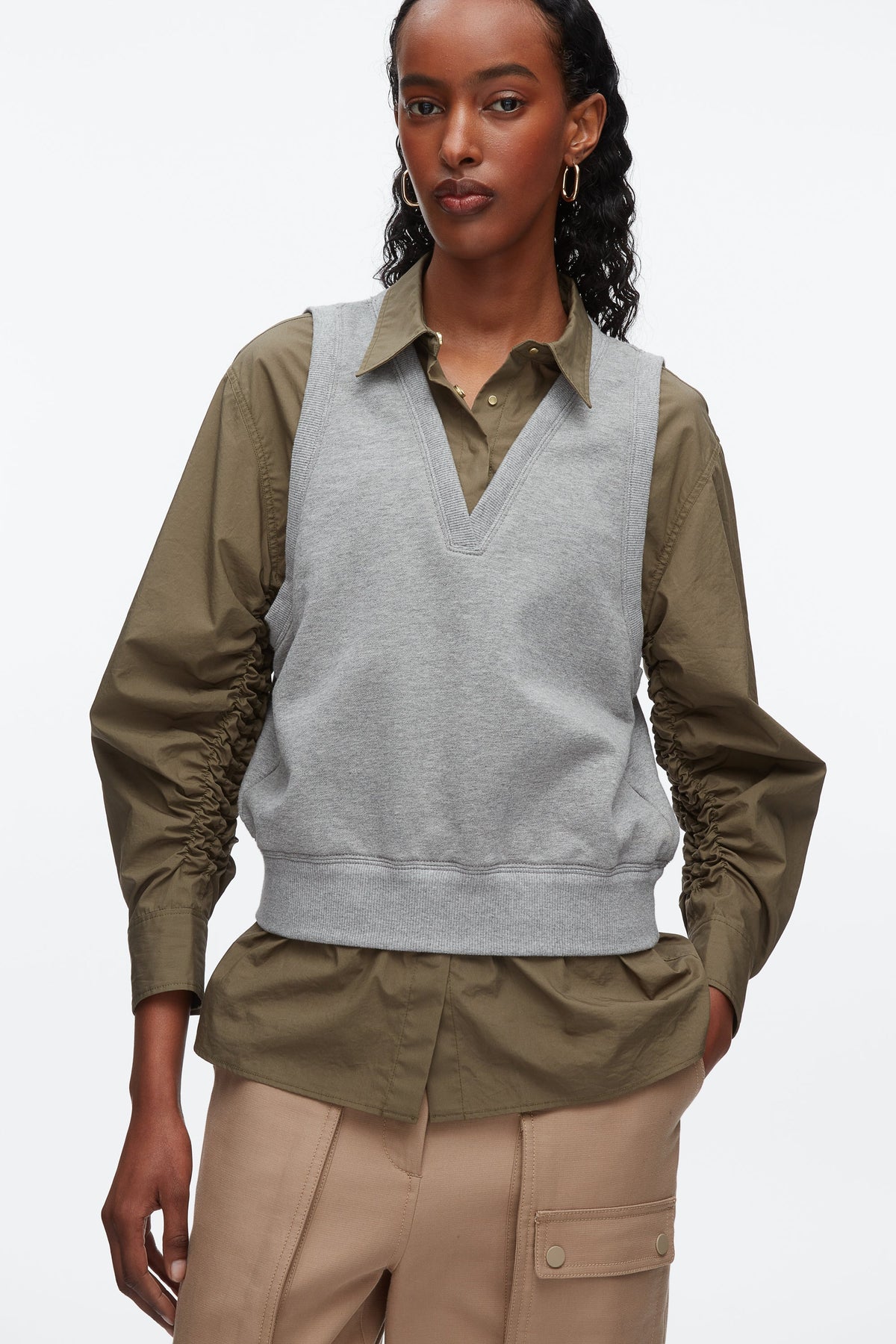 Layered Vest Ruched Sleeve Shirt Grey Melange-Army