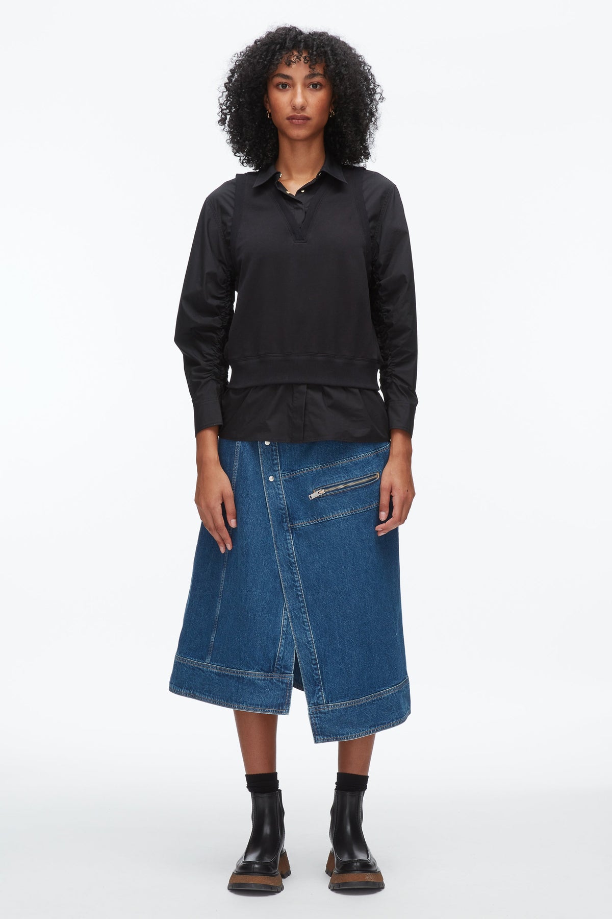 Layered Vest Ruched Sleeve Shirt Black-Black