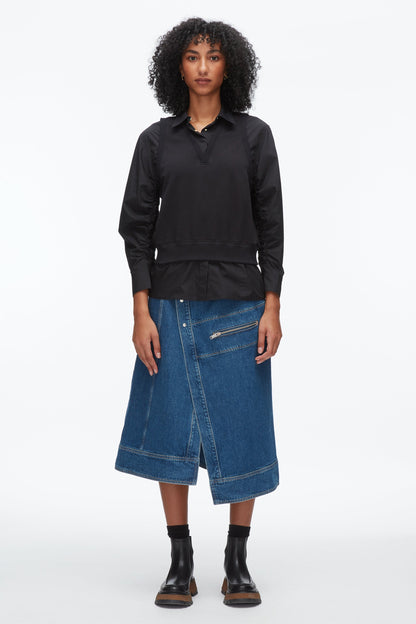 Layered Vest Ruched Sleeve Shirt Black-Black