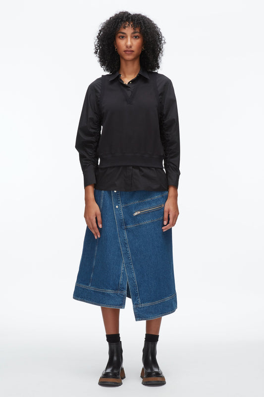 Layered Vest Ruched Sleeve Shirt Black-Black