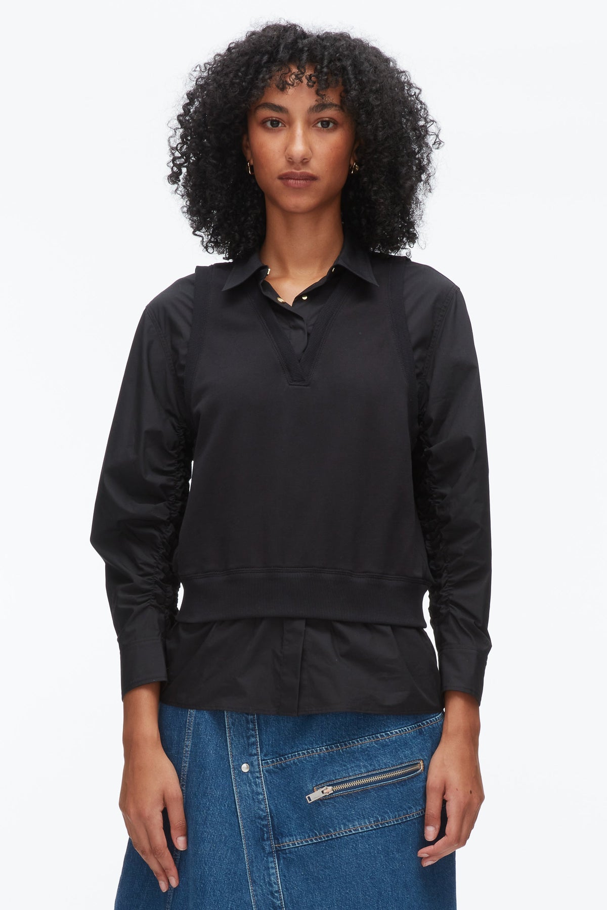 Layered Vest Ruched Sleeve Shirt Black-Black