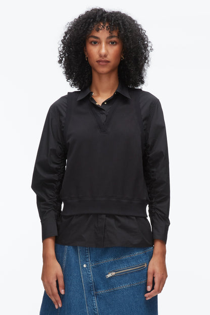 Layered Vest Ruched Sleeve Shirt Black-Black
