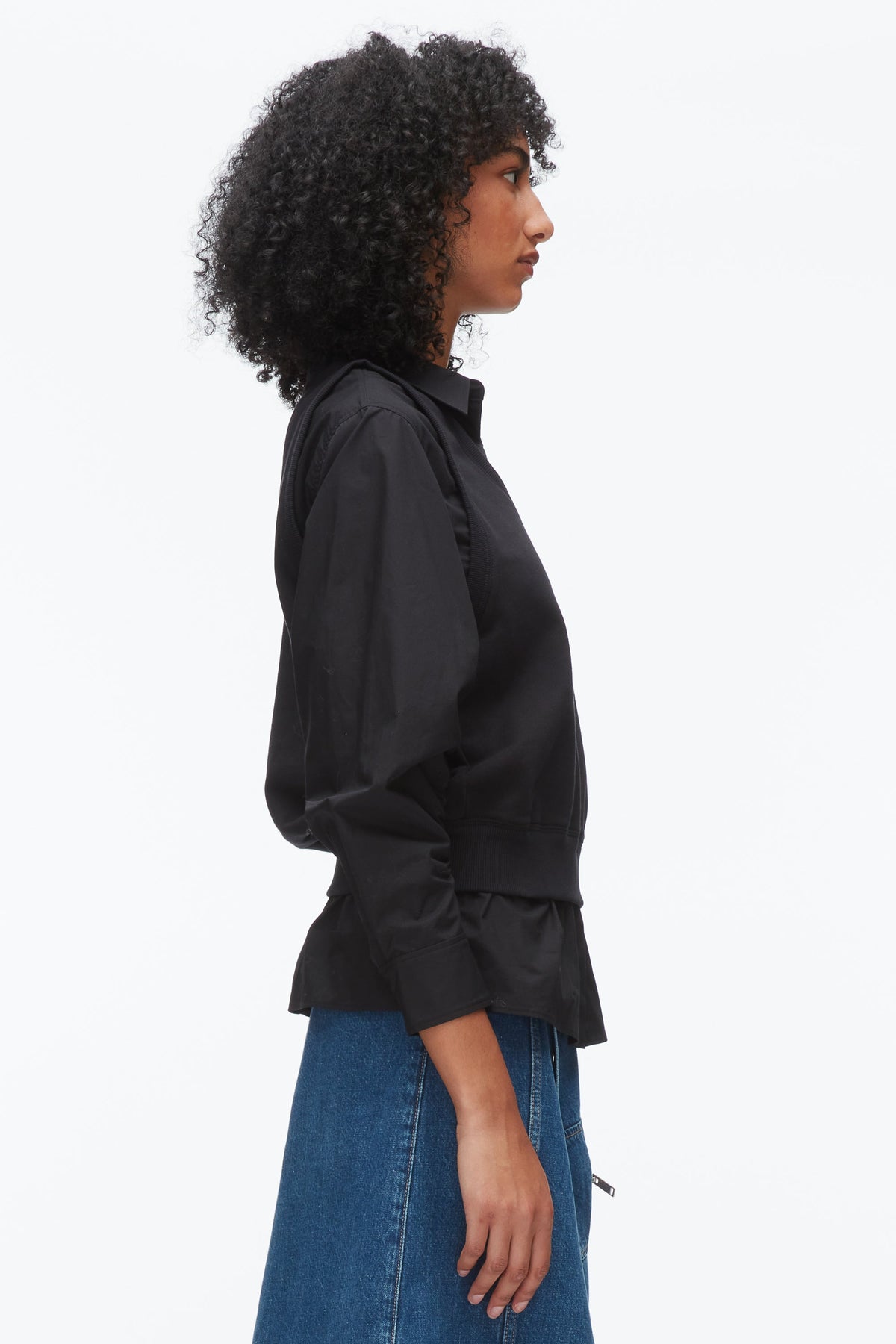 Layered Vest Ruched Sleeve Shirt Black-Black