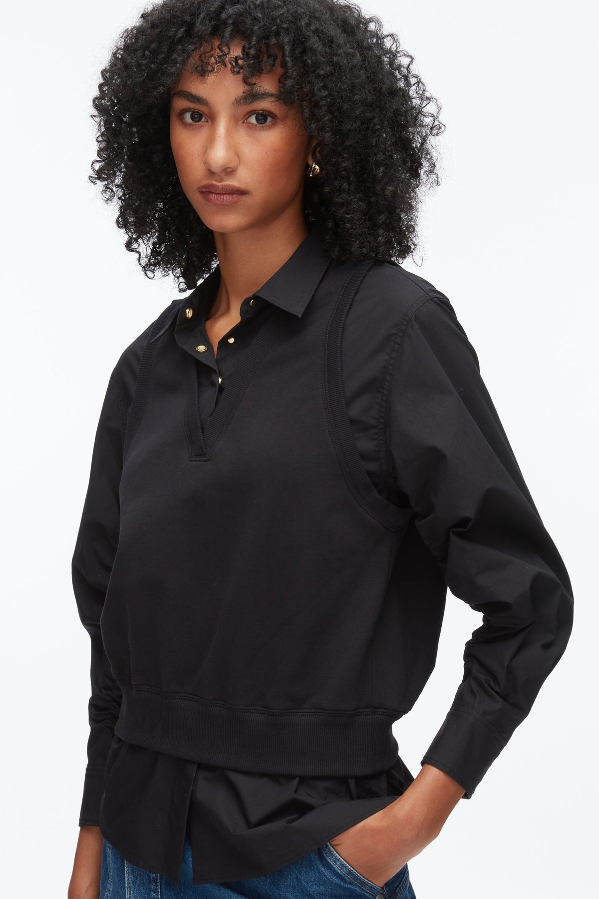 Layered Vest Ruched Sleeve Shirt Black-Black
