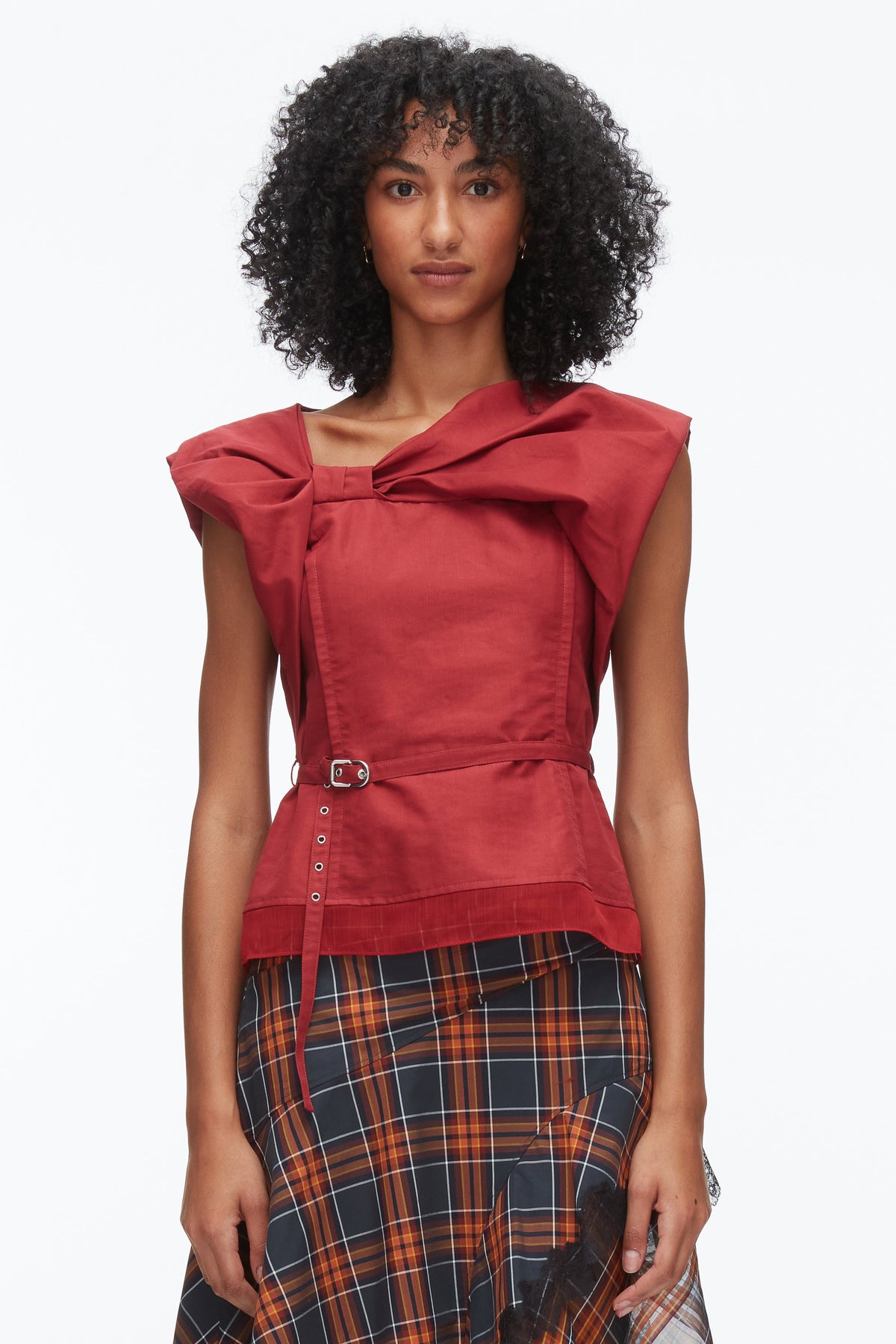 Draped Bow Belted Shell Top Crimson