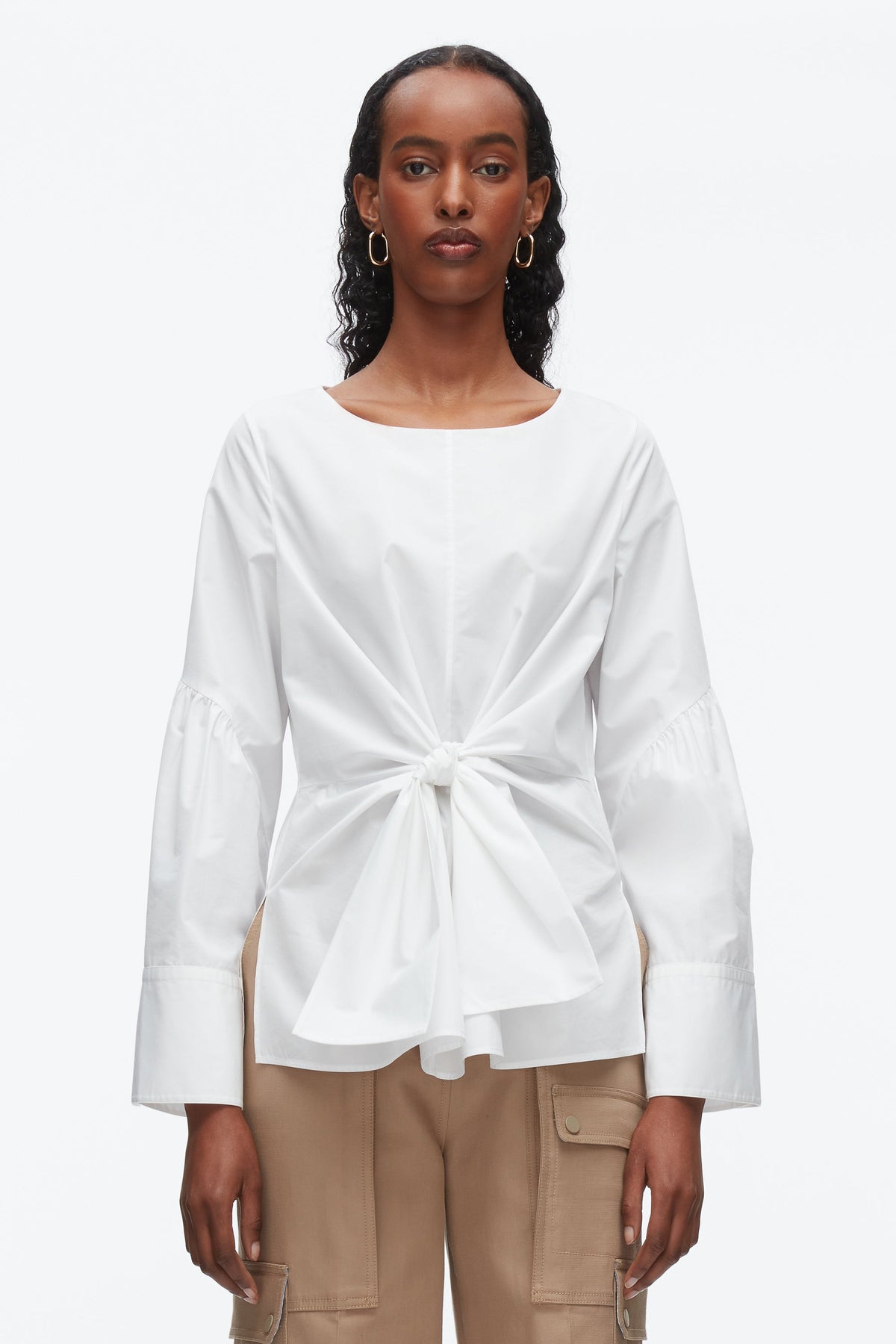 Tie Front Poplin Shirt White